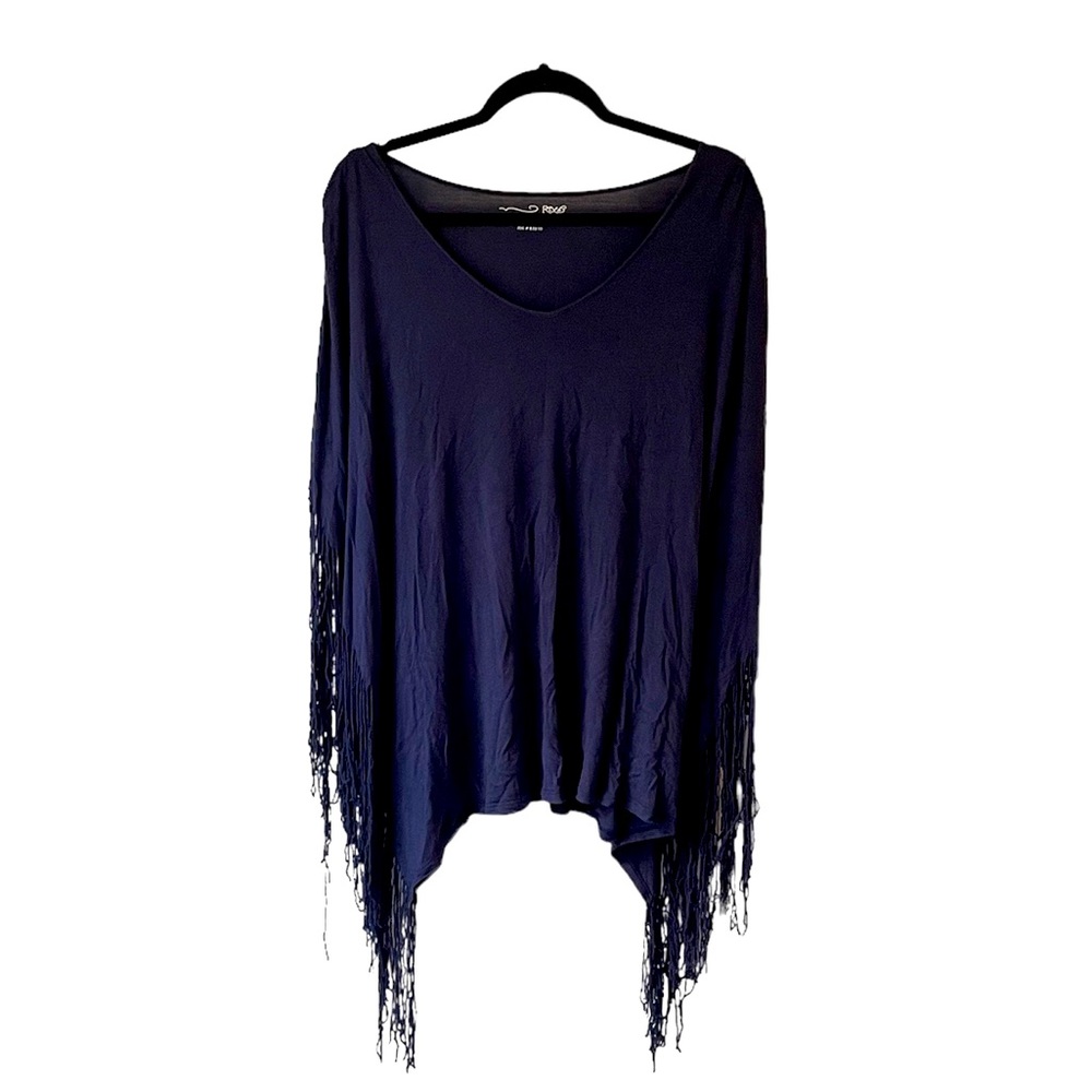 dark blue fringe poncho western boho top size large